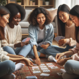 picture of a group of women playing cards. are in the middle of the living room sitting on the floor in a circle which each woman holding cards