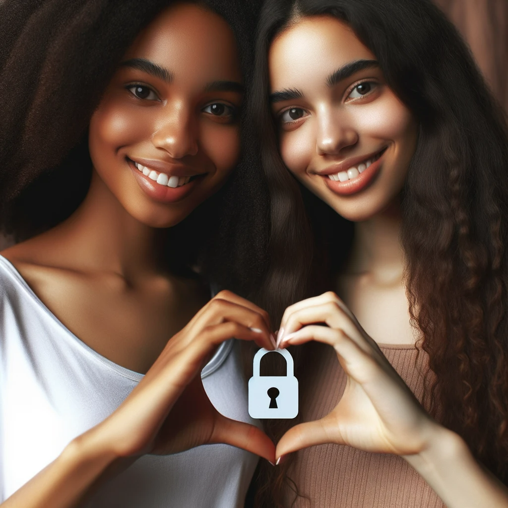 two women who are smiling and making a heart shape with their hands. There is a cartoon lock inside the heart shaped hands. Background is blurred.