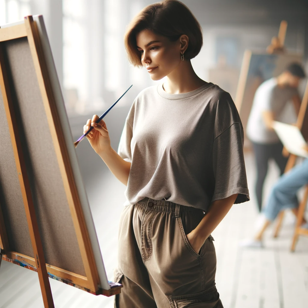 Image of a woman who is in an art studio. She is looking towards the picture. She is looking refreshed and calm. She is holding a paint brush. She is standing at an easel. The photo is from behind the easel so you cannot see what she drew. In the background are blurred images of other people drawing at their own easel. 