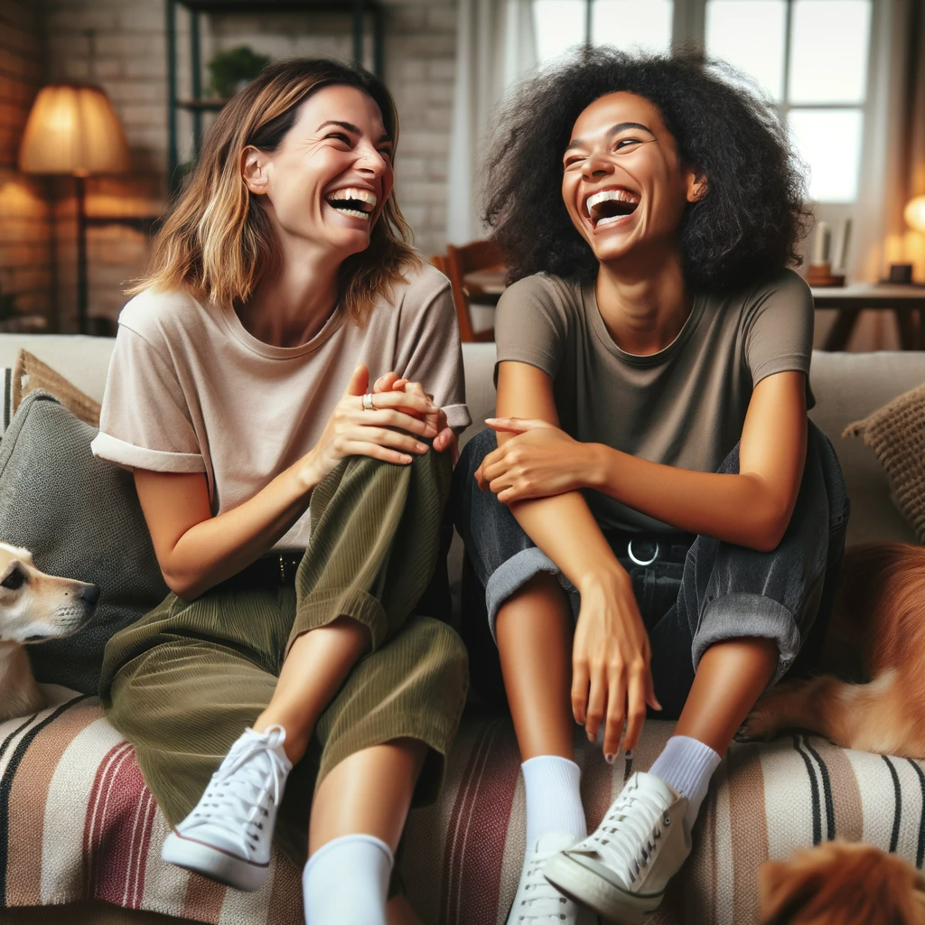 Two lesbians sitting on a couch in a living room looking at each other and laughing really hard. A dog is at their feet.