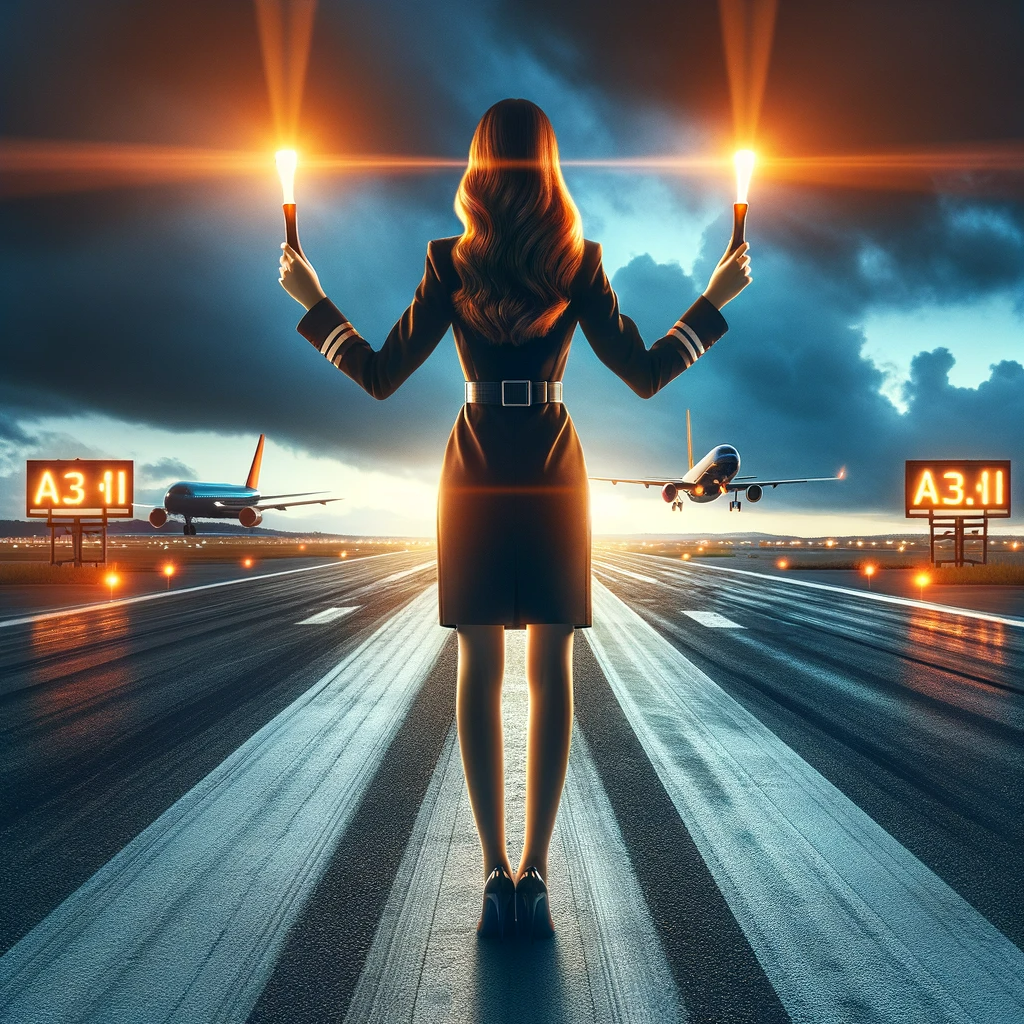 Image of a woman standing in an airport runway holding 1 Aircraft Marshalling Wand in each hand that are illuminated with a bright orange glow. The woman is holding the wands above her head directing traffic. This symbolizes how you have to communicate about intimacy.