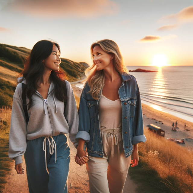 Two lesbian woman holding hands walking on path that overlooks the beach at sunset.