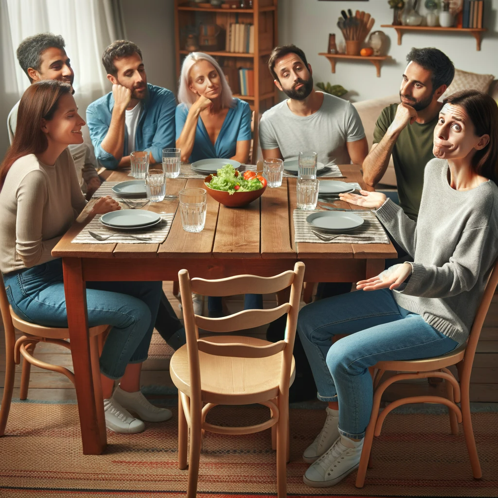 A picture of friends who are all in their late 30's at a dinner table. There is an empty seat. Next to the empty seat is a woman sitting and shrugging her shoulders looking confused because she doesn't know where he spouse went.