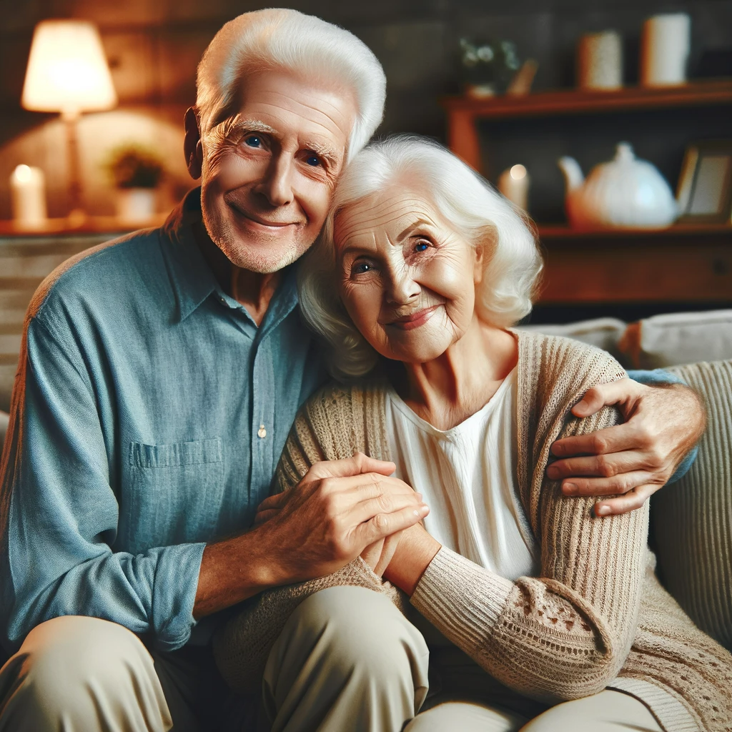 picture of a couple who have been happily married a long time who sitting in the living room cuddling with smiles on their faces.