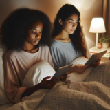 picture of two women in bed sitting next to each other with the covers on.  They are both propped up in bed by their own pillows.  One woman is reading a book and the other is on their tablet device.