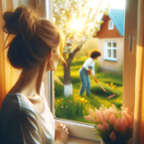 picture of a woman looking through her curtains at another woman doing yardwork.  It is sunny and warm.  Colors are soft