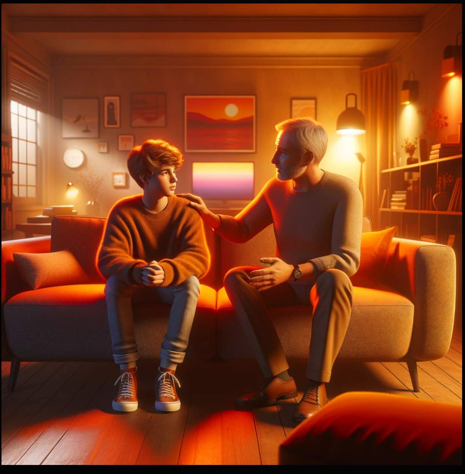 Picture of a teenager and father on the couch in a living room with warm colors, a TV in the background. The father has his hand on the teenager's shoulder in a supportive way and they are facing each other.