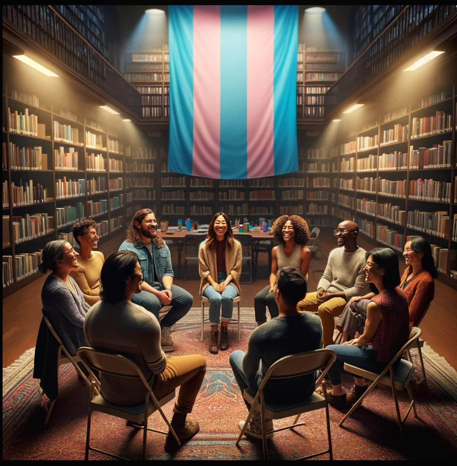 Photo depicting 8 adults sitting in a circle on folding chairs. They are smiling. They are in the middle of a library with a transgender rights flag on the wall. 