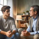 picture of a male client and male therapist sitting in therapy office talking.  