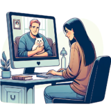 A man sitting and cuddling with my cat inside of a computer screen. A woman therapist is sitting in a chair with her back towards the picture so she is looking at the computer screen talking to the man through the computer for telehealth appointment.