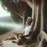 A peaceful scene where a man sits with legs crossed on the sand under a tree on a private beach, deeply immersed in relaxation under a tall tree.