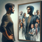 A photo depicting an individual standing confidently in front of a mirror, focusing on their own reflection amidst faded images of others, symbolizing the act of not comparing themselves to societal standards.