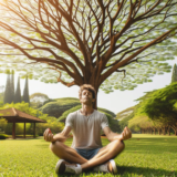 A peaceful scene where a man sits with legs crossed on the grass in a park, deeply immersed in relaxation beneath a tall tree.