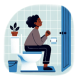 Cartoon picture of a woman in the bathroom stall sitting on closed toilet seat with a calm face taking deep breaths to get away from the chaos and crowds.  The woman is relaxed.  