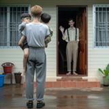 A photo capturing a parent walking away from a house with a children in their arms, while another adult waves from the door with a sad expression.