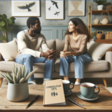 A couple sitting on the couch making eye contact with a soft and engaging gaze towards each other. Couple is at home in their living room with artwork behind them and a plant in front of them and in back of them. On the coffee table in front of them, there are two cups of tea, a plant, a book about communication tips and 2 pens. 