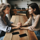 A photo of two women seated at a kitchen table, deeply engaged in a loving and hopeful conversation, their hands interlocked, and their phones face down on the table.