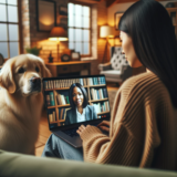 woman with a dog on her couch in living room talking to a therapist on the computer. The picture is taken from behind the woman. On the computer screen is a woman therapist in professional clothing who is in a cozy office.