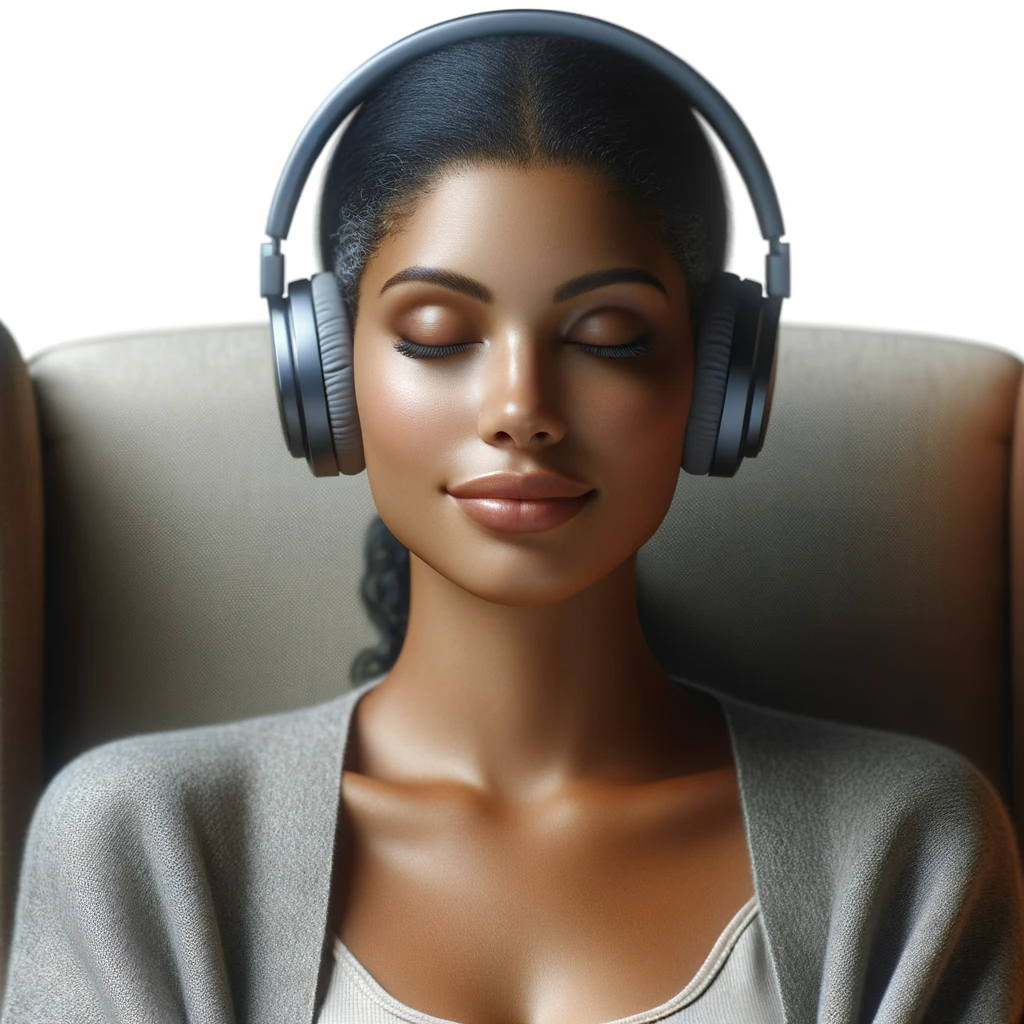 Image of a woman with headphones on, sitting in a comfortable chair and looking relaxed while doing EMDR.