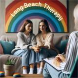 A photo of two women on a comfortable couch, their hands intertwined, attentively listening to a therapist on a laptop screen. The backdrop behind the therapist showcases a prominent rainbow artwork with "Long Beach Therapy" written on the rainbow.