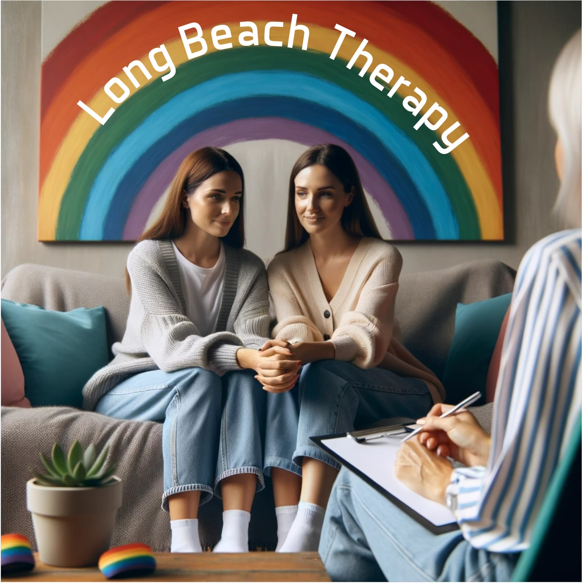 A photo of two women on a comfortable couch, their hands intertwined, attentively listening to a therapist on a laptop screen. The backdrop behind the therapist showcases a prominent rainbow artwork with "Long Beach Therapy" written on the rainbow.