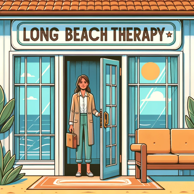 An illustration of the front facade of a therapy office, with "Long Beach Therapy" displayed on the open door. Inside, a kind-faced woman stands, symbolizing the supportive environment of the office.