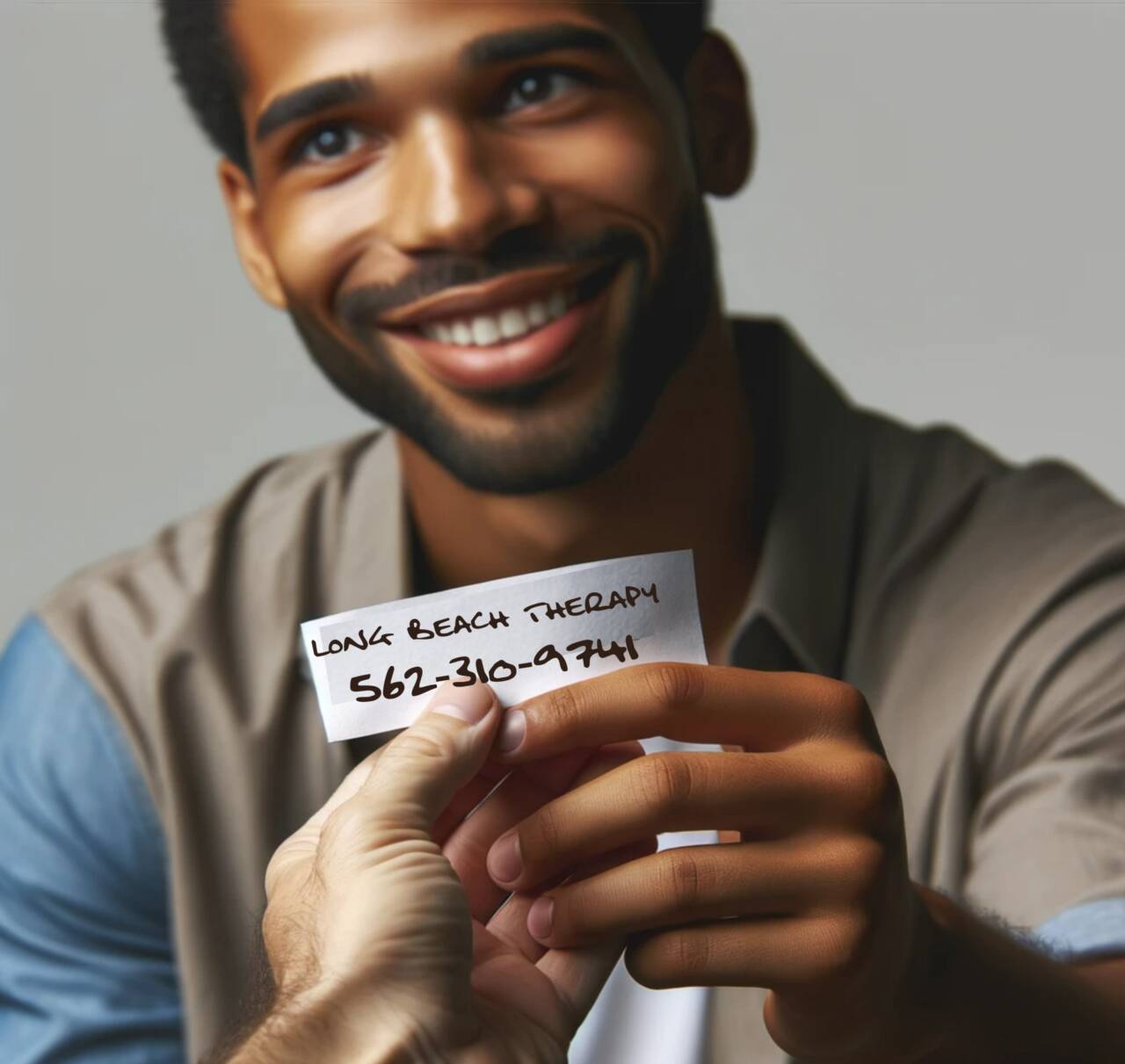 A man giving his friend the number to Long Beach Therapy 562-310-9741. Man has smile on face while handing paper with Long Beach Therapy on it. Picture depicts another person taking the referral from his friend.