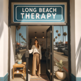 An illustration of the front facade of a therapy office, with "Long Beach Therapy" displayed on the open door. Inside, a kind-faced woman stands, symbolizing the supportive environment of the office.