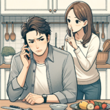 An illustration of a similar scene in the kitchen, where the man appears exasperated while on the phone talking to his parents, and his wife is making a "shushing" gesture.