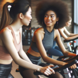 picture of a woman in a spin cycle class at the gym talking with another woman who is next to her on the next bike.