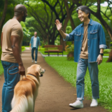 picture of a man walking in in the park on  dirt path with trees around him waving to a man who walks by with his dog who has a smile on his face.   On the edges of the dirt path is grass