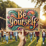 Image of someone holding a colorful sign that says "be yourself".  In the distance are people who are blurry because they are far away compared to the sign.