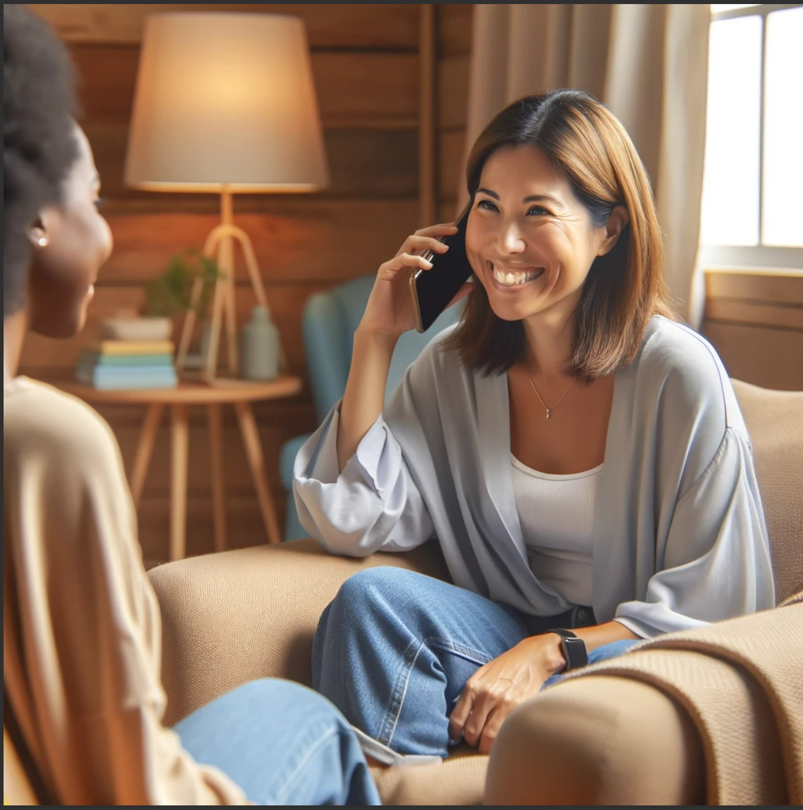 Picture depicts a woman smiling while sitting in a chair and holding a modern cell phone while talking on the phone. There is another woman sitting across from her who is sitting on a large comfortable chair offering support. They are both smiling. They are in a mental health therapy office. 