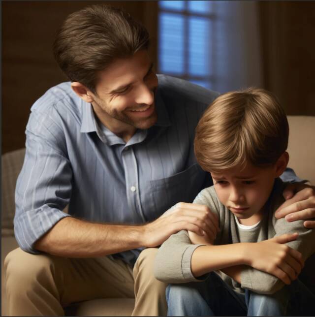 This is a picture of a dad smiling while talking to a 7 year old son negatively about the other parent. The son looks sad with tears in their eyes. They are in a living room together.