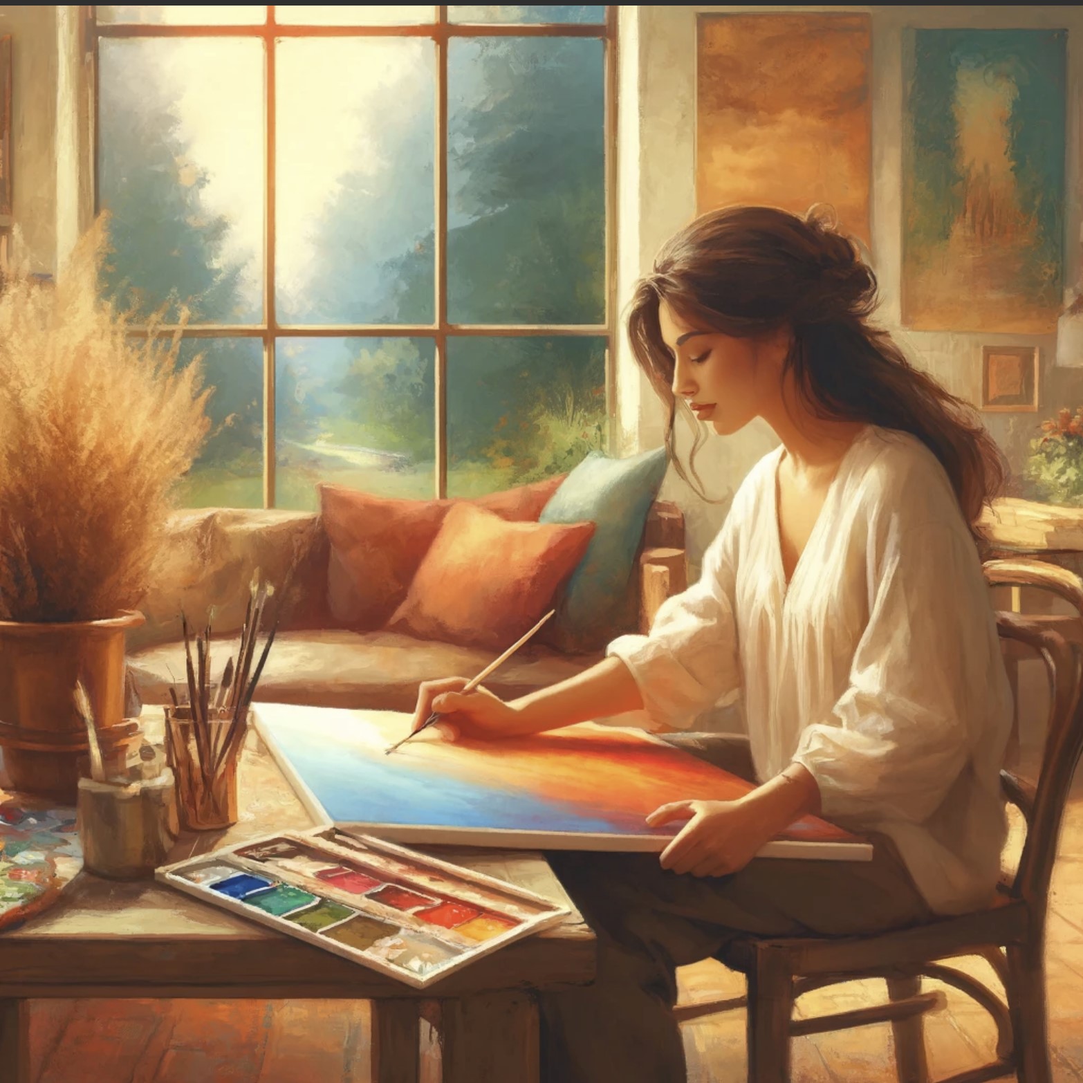 This photo is of a woman sitting at a table painting a picture. There is a window behind her with trees outside. 