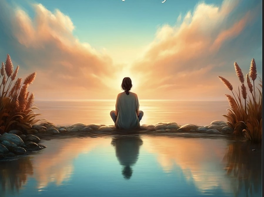 This is a picture of a person sitting in a sitting meditation pose looking at the ocean.