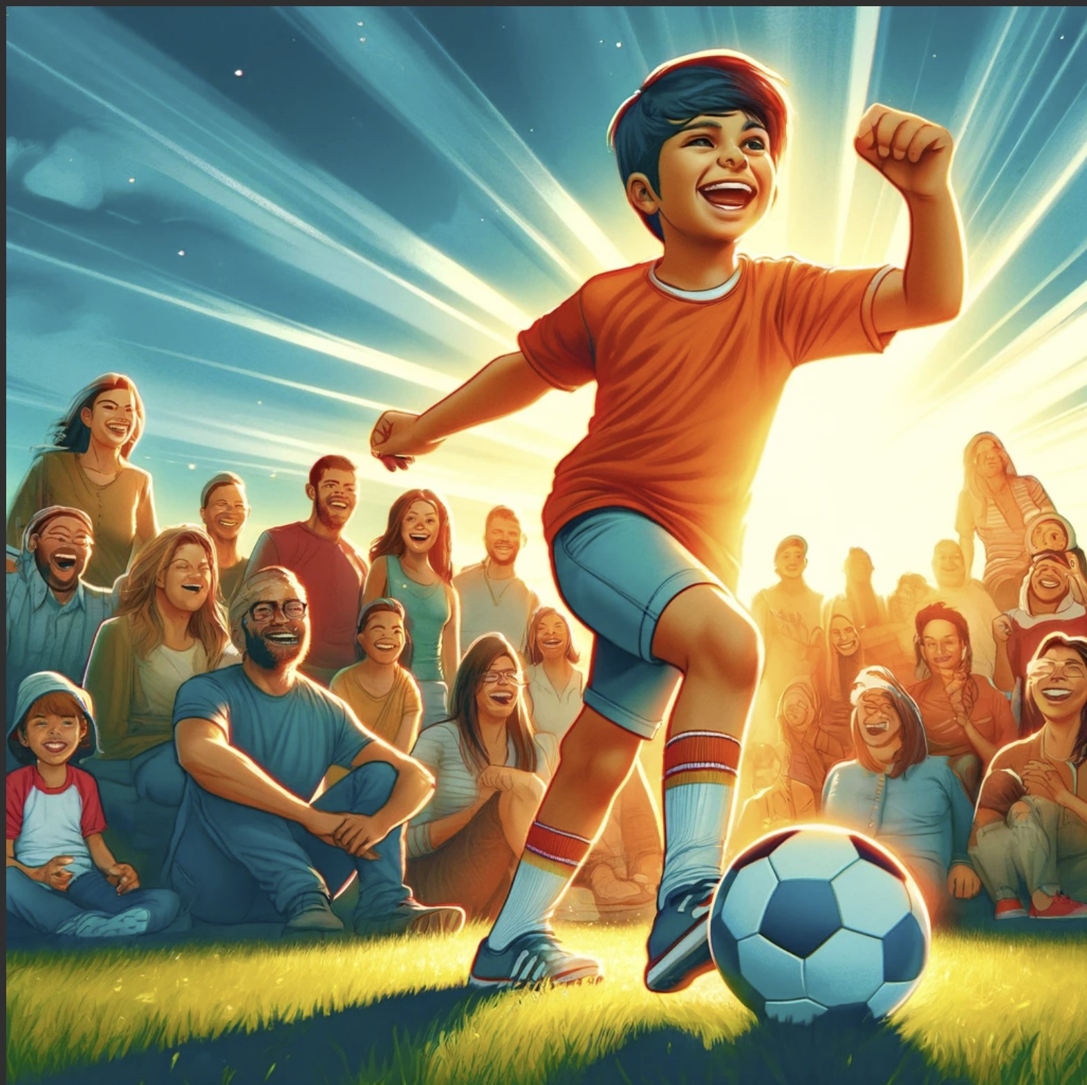 This is a picture of a child playing soccer with a crowd of parents on the sidelines smiling and cheering.