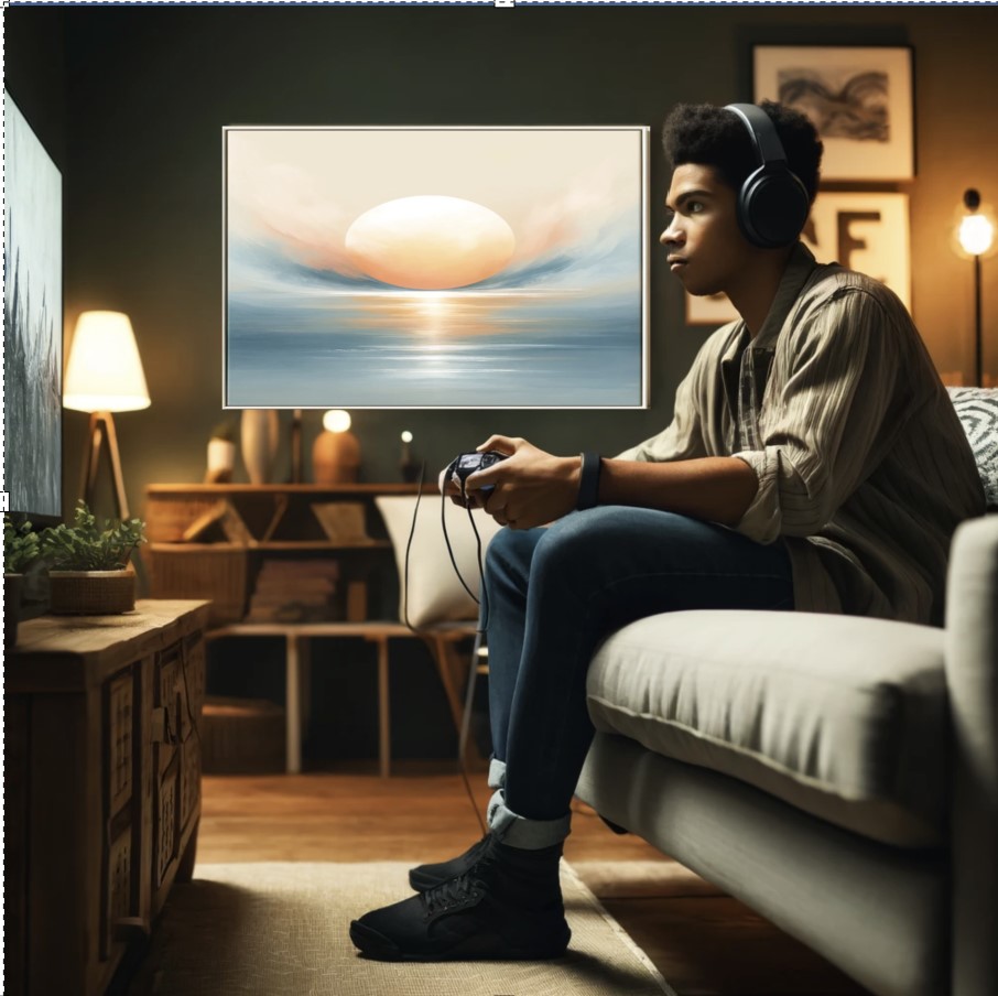 picture depicting a man sitting on their couch playing video games with a headset on and looking at a TV with a controller in their hands. They are in the living room with abstract art on the walls. 