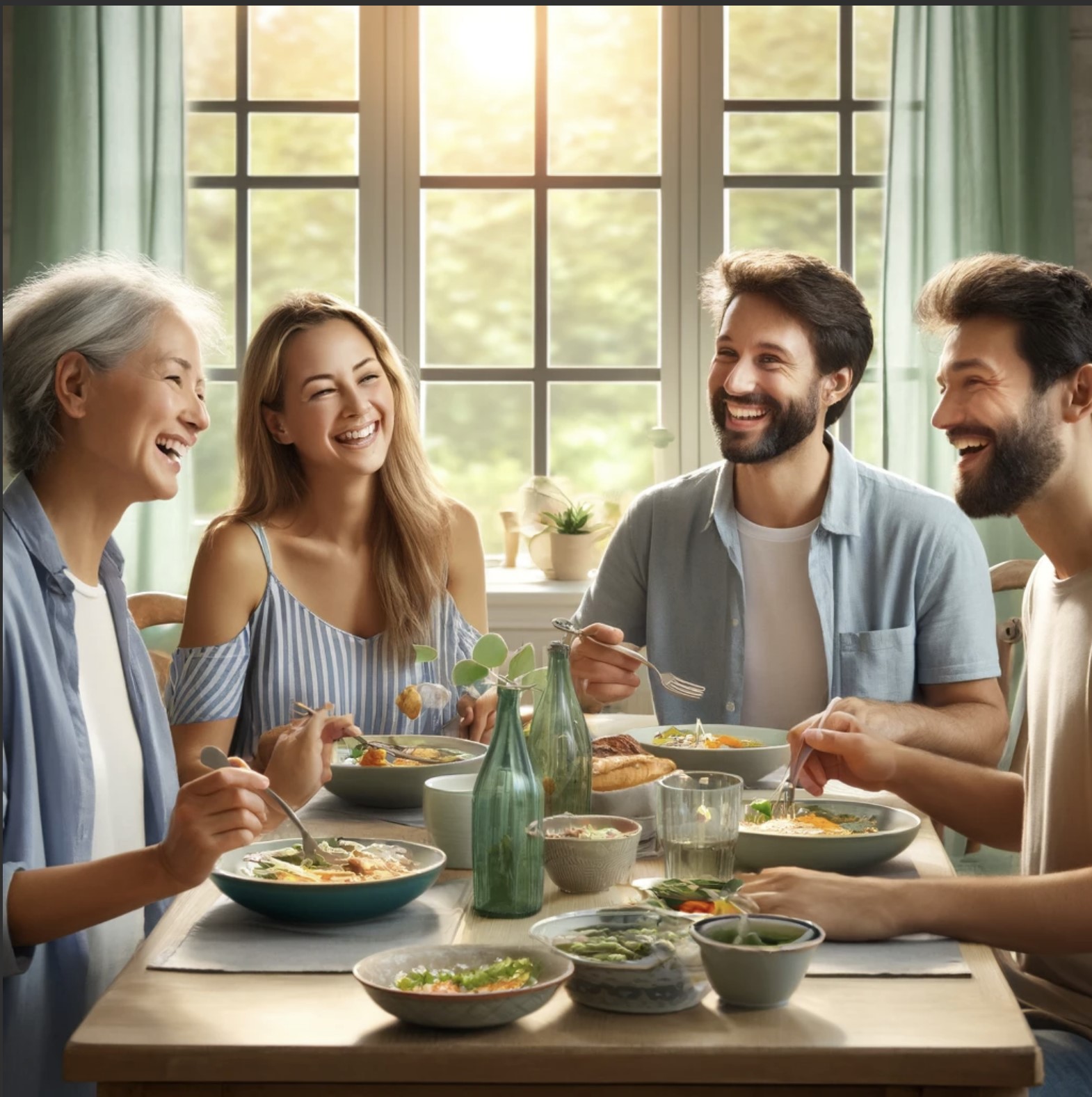 This is a picture of a family of 4 adults sitting at a dinner table smiling and talking with each other. The colors are calming and happy colors and there is a window that shows trees outside.