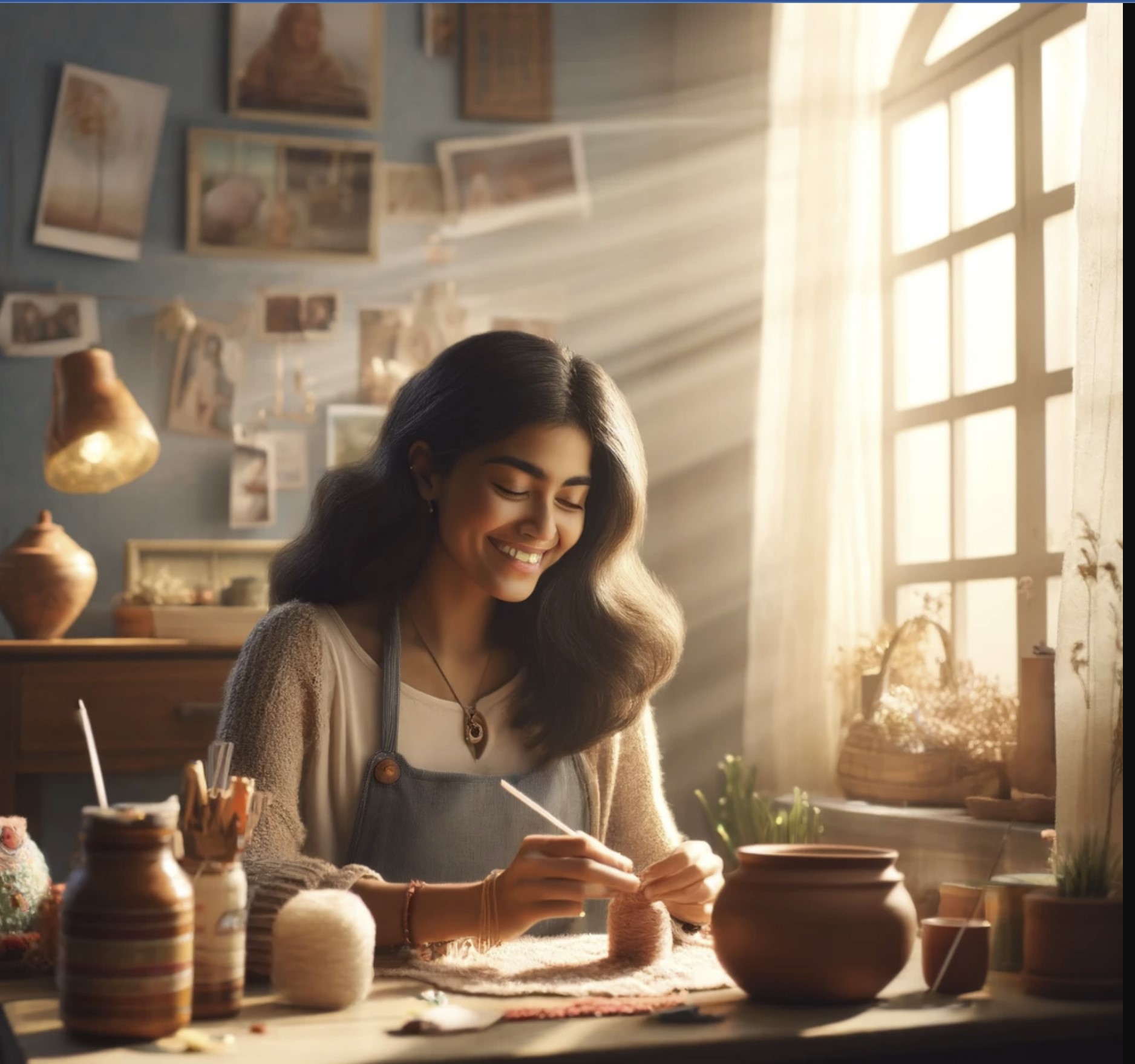 This image represents the concept of finding success in little things. It features a young woman enjoying a small craft project in her cozy, sunlit room, surrounded by personal achievements. This scene captures the joy and satisfaction of simple, everyday accomplishments.