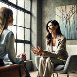 A picture of a 40-ish year old female mental health therapist sitting in an office with a female client. The angle of the picture is from the side so you can see both the therapist and client. The therapist is using hands expressively while talking and the client is smiling. They are each on their own comfortable chair looking facing each other. There is abstract art on the wall and a big window looking out onto a tree.