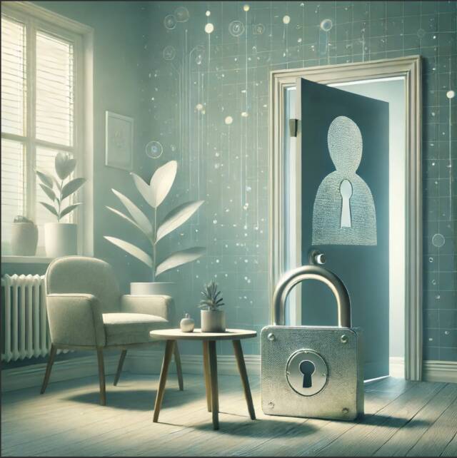 A serene therapy office with a closed door and a traditional lock and key, symbolizing the protection of personal information.