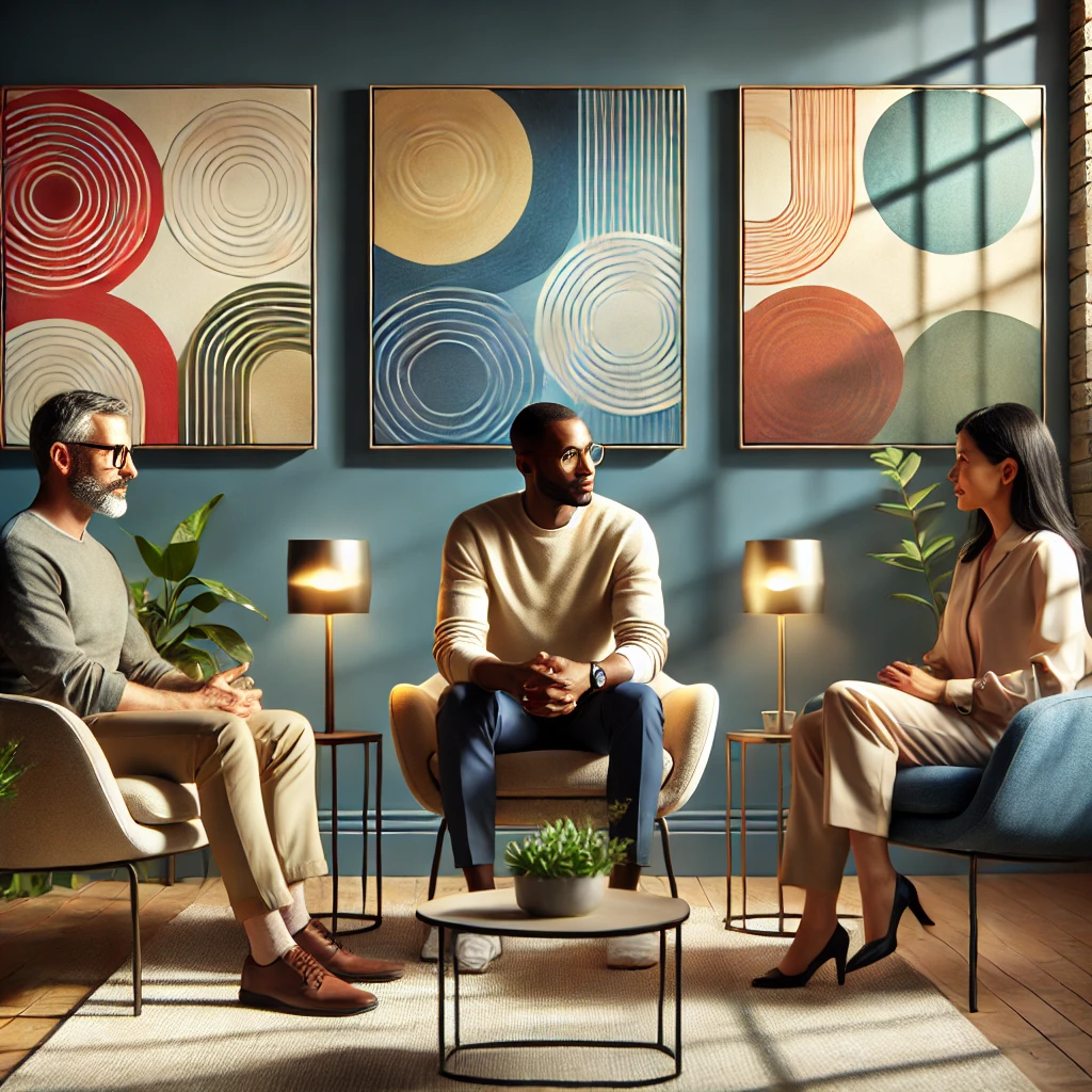 A picture of two men and one woman. They are all in her 50s sitting in their armchairs which are positioned in a circle. They are in a therapy office decorated with abstract art. They are participating in couples therapy at Long Beach Therapy.