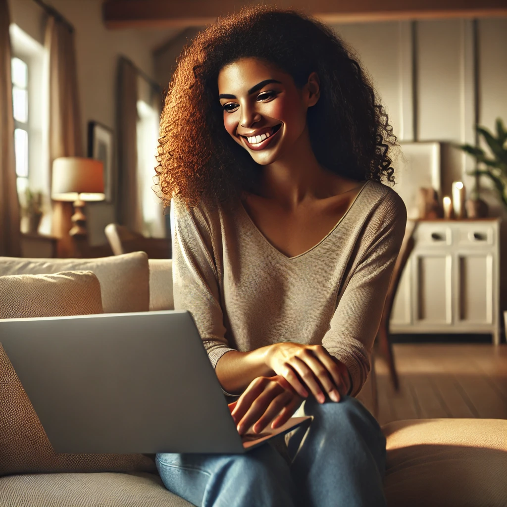 a picture of a woman sitting on the couch looking at a modern laptop. She is smiling. The view of the picture is that we can see the womans face but the laptop is turned away from the camera.