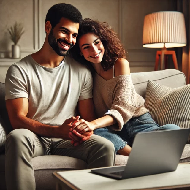 A picture of a couple sitting on the couch looking at a modern laptop. Both are smiling and holding hands. The view of the picture is that we can see the people's faces but the laptop is turned away from the camera.