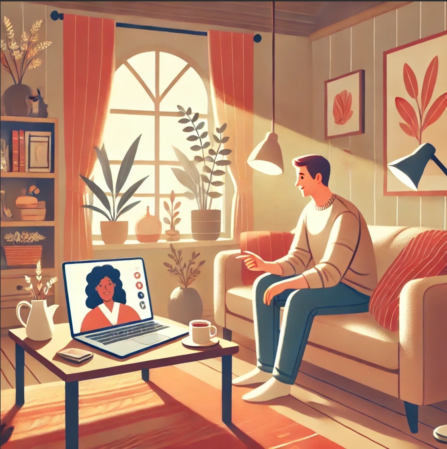 An image that complements the title "Advantages of Online Mental Health Therapy." It highlights comfort, accessibility, and a positive connection in a virtual therapy setting.