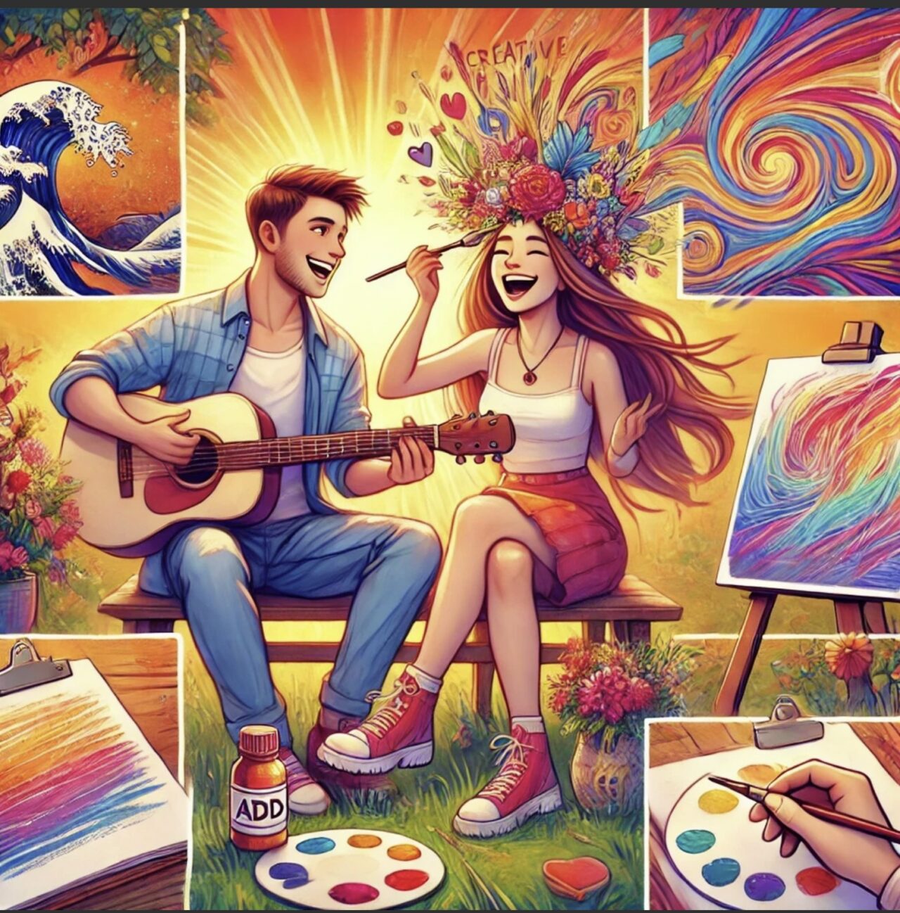 7 benefits of marrying someone with ADHD - The image depicts a joyful and energetic couple engaged in a lively and creative activity together. They are outdoors, possibly in a park or a backyard, surrounded by a warm and colorful environment that radiates enthusiasm and spontaneity. One partner, who has ADHD, is visibly animated and expressive, contributing to the dynamic and fun-filled scene.