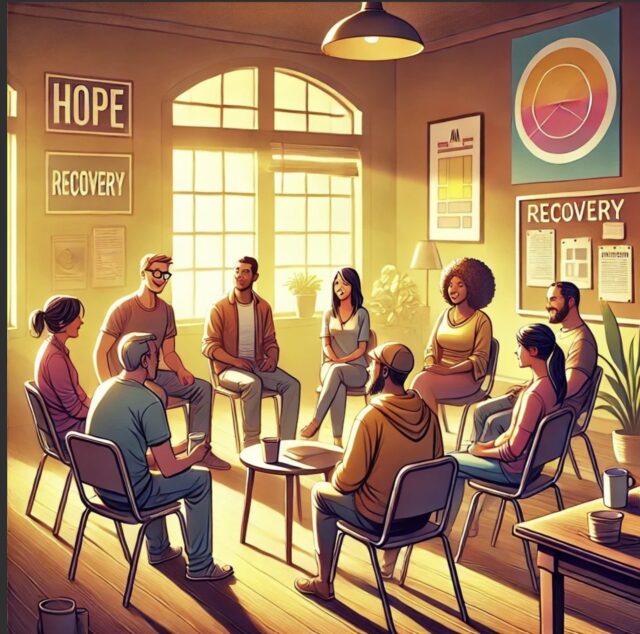 Image illustrates the supportive and engaging environment of a recovery meeting, emphasizing connection and active participation in a recovery program.