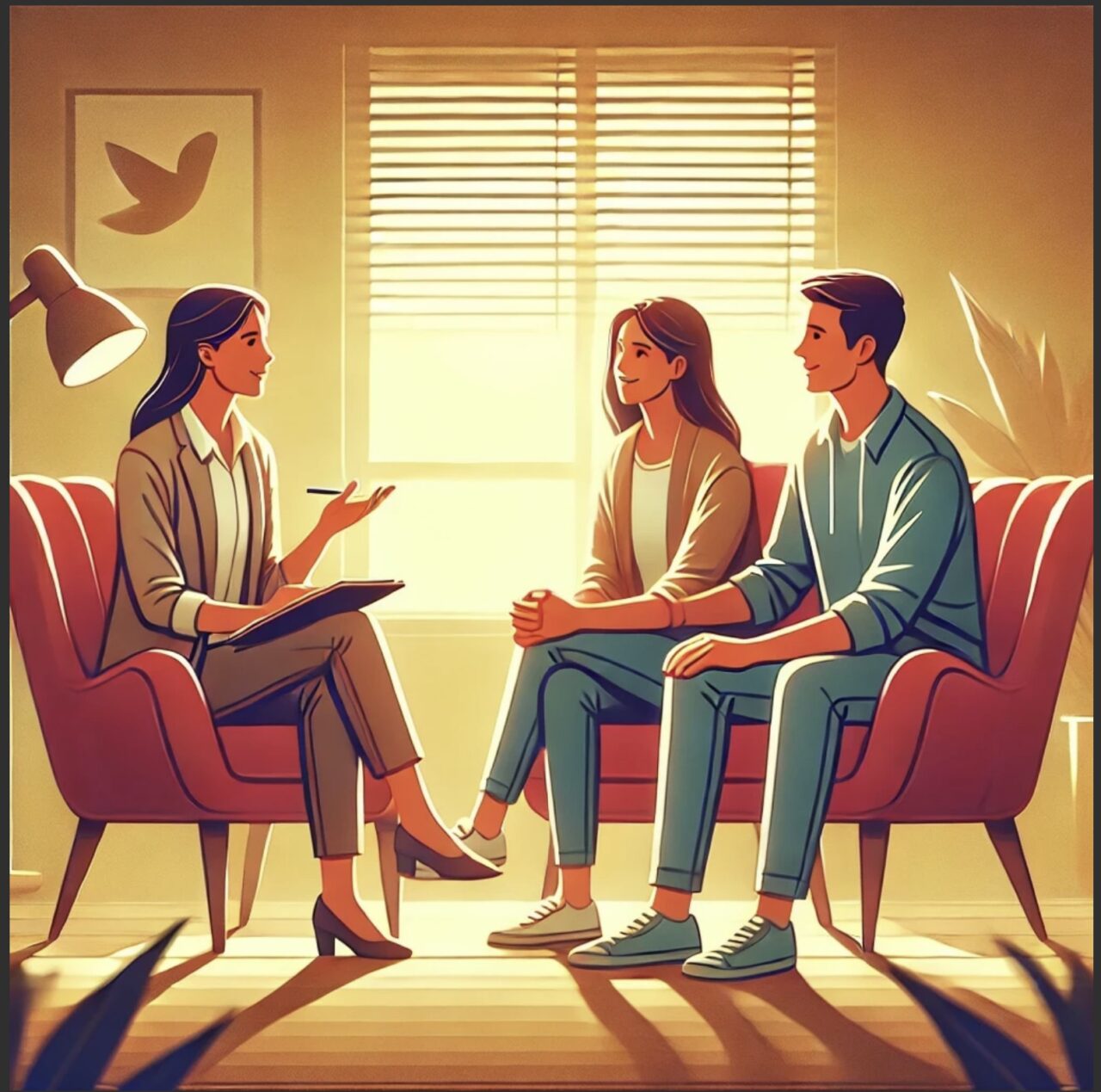 The image depicts a couple trying to avoid divorce. They are in a warm and inviting therapy session where a licensed therapist is guiding a couple or close friends in effective communication. The individuals are engaged in a meaningful conversation, maintaining open body language and active listening, symbolizing trust and understanding. The serene setting, with soft lighting and calming colors, conveys emotional connection and the importance of clear, compassionate dialogue in relationships.