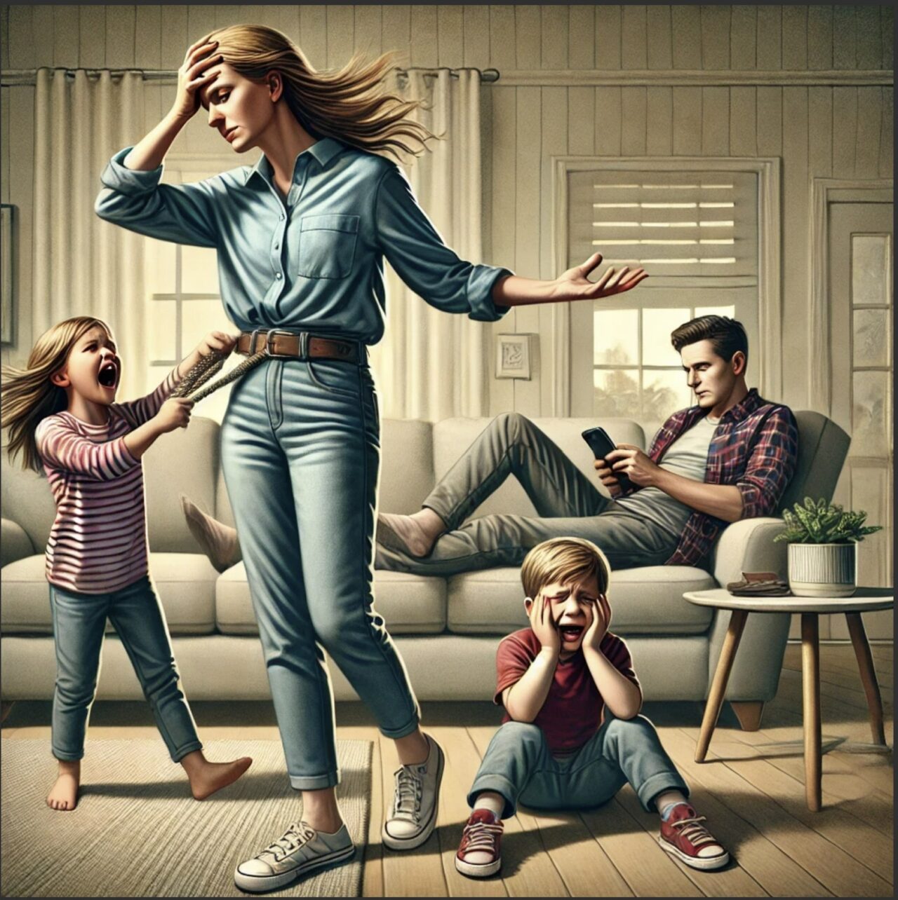 A picture of a mom with an 8 year old girl trying to pull mom's hand to guide her somewhere and a 7 year old boy crying on the couch looking at mom. In the picture, have the dad with his feet up on a recliner chair playing on his phone.